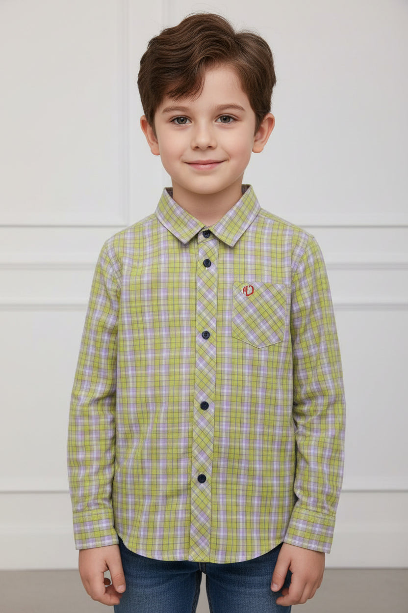Boys Lime Green Check Long Sleeve Shirt | Navy Contrast Buttons & Cuffs | Smart Casual | Ages 2–12 Years | MH
