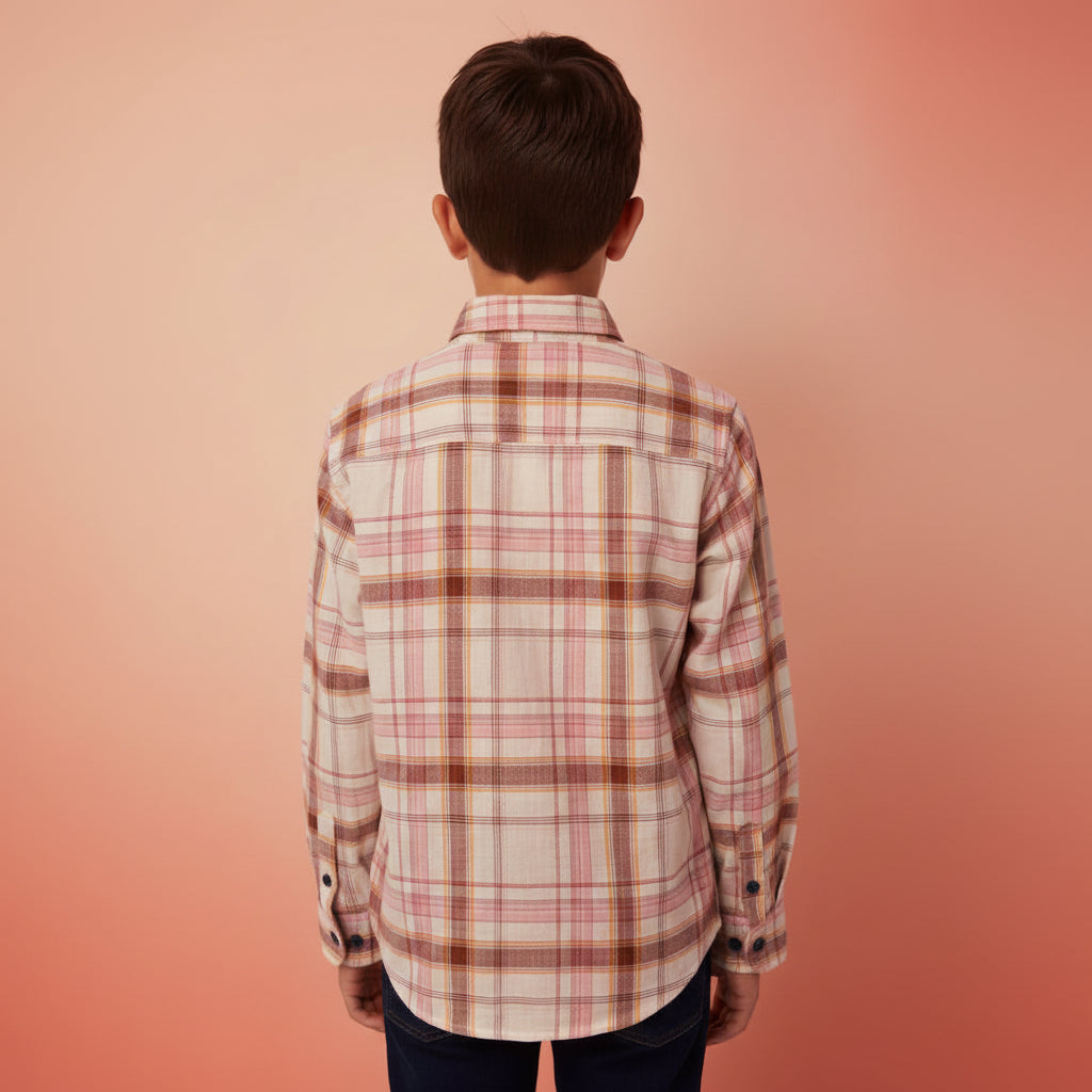 Boys Cream & Pink Brown Plaid Flannel Shirt | Navy Buttons Roll-Up Sleeves | Smart Casual | Ages 2–12 Years | MH