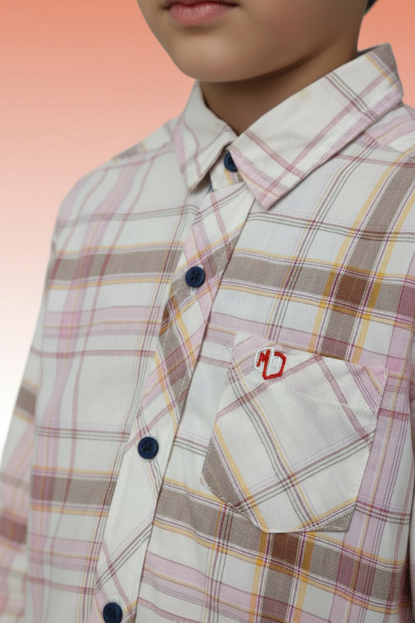 Boys Cream & Pink Brown Plaid Flannel Shirt | Navy Buttons Roll-Up Sleeves | Smart Casual | Ages 2–12 Years | MH