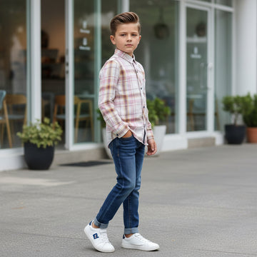 Boys Cream & Pink Brown Plaid Flannel Shirt | Navy Buttons Roll-Up Sleeves | Smart Casual | Ages 2–12 Years | MH