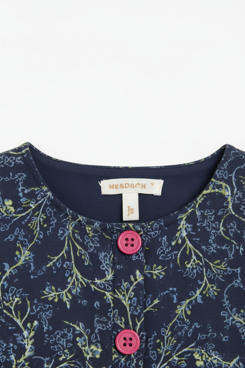 Girls Navy Blue Gold Botanical Print Long Sleeve Dress | Pink Buttons Ruffle Hem Gathered Waist | Ages 2–12 Years | MH