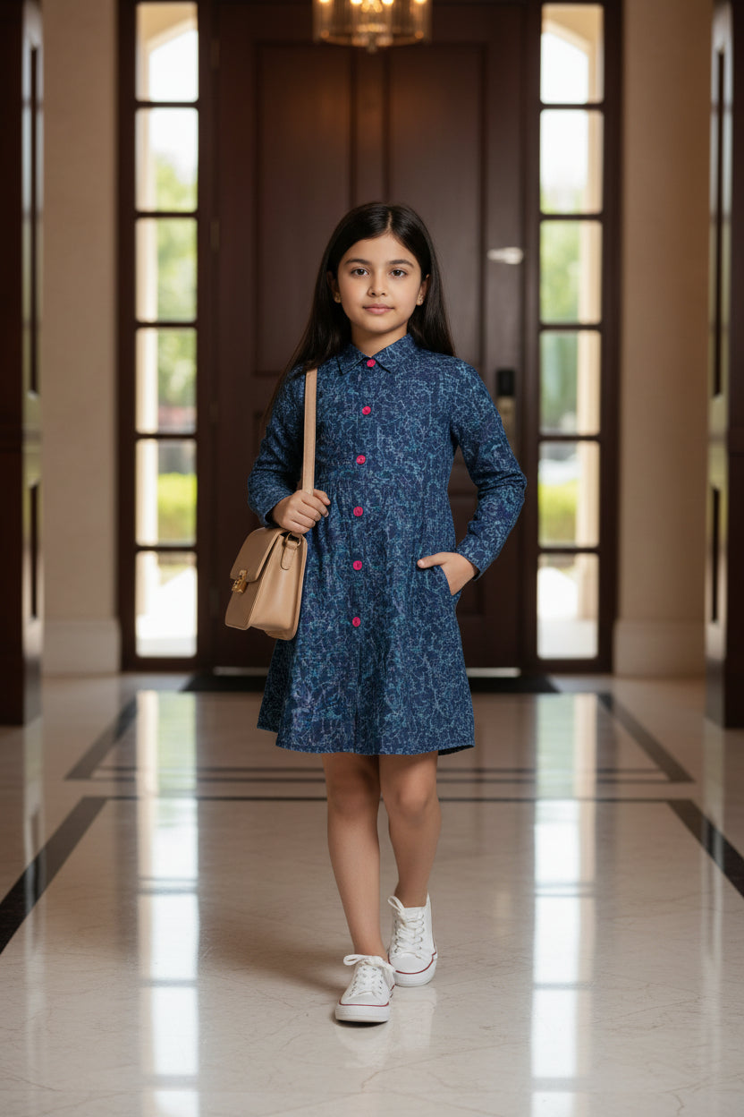 Girls Navy Blue Floral Texture Print Long Sleeve Shirt Dress | Pink Buttons Gathered Waist | Smart Casual | Ages 2–12 Years | MH