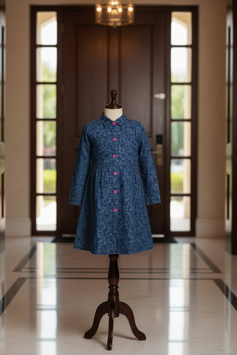 Girls Navy Blue Floral Texture Print Long Sleeve Shirt Dress | Pink Buttons Gathered Waist | Smart Casual | Ages 2–12 Years | MH