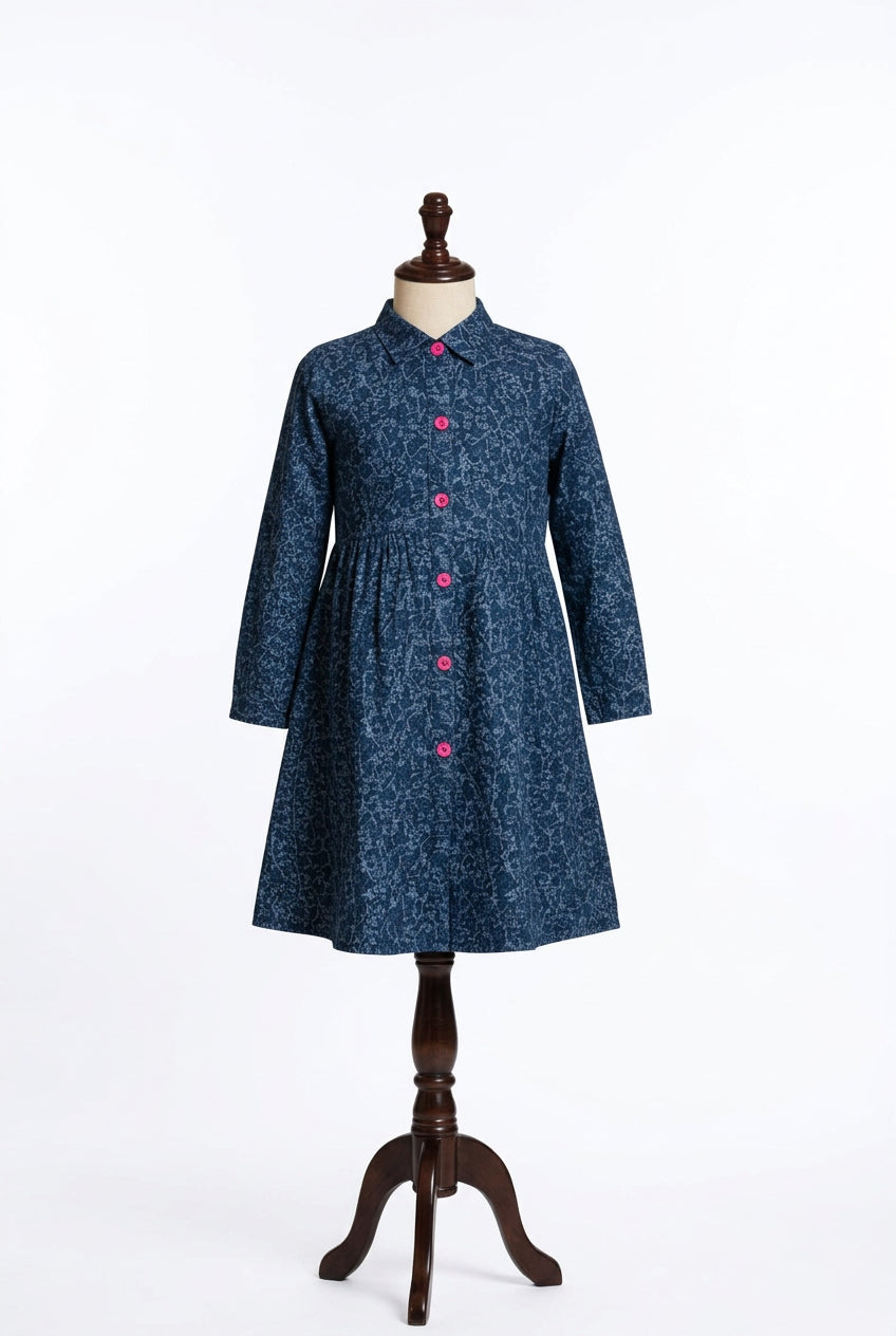 Girls Navy Blue Floral Texture Print Long Sleeve Shirt Dress | Pink Buttons Gathered Waist | Smart Casual | Ages 2–12 Years | MH