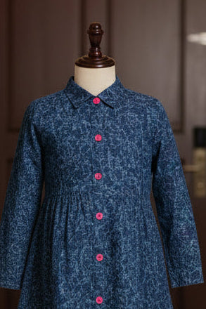 Girls Navy Blue Floral Texture Print Long Sleeve Shirt Dress | Pink Buttons Gathered Waist | Smart Casual | Ages 2–12 Years | MH