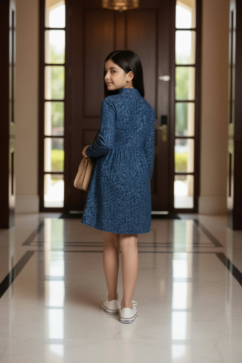 Girls Navy Blue Floral Texture Print Long Sleeve Shirt Dress | Pink Buttons Gathered Waist | Smart Casual | Ages 2–12 Years | MH