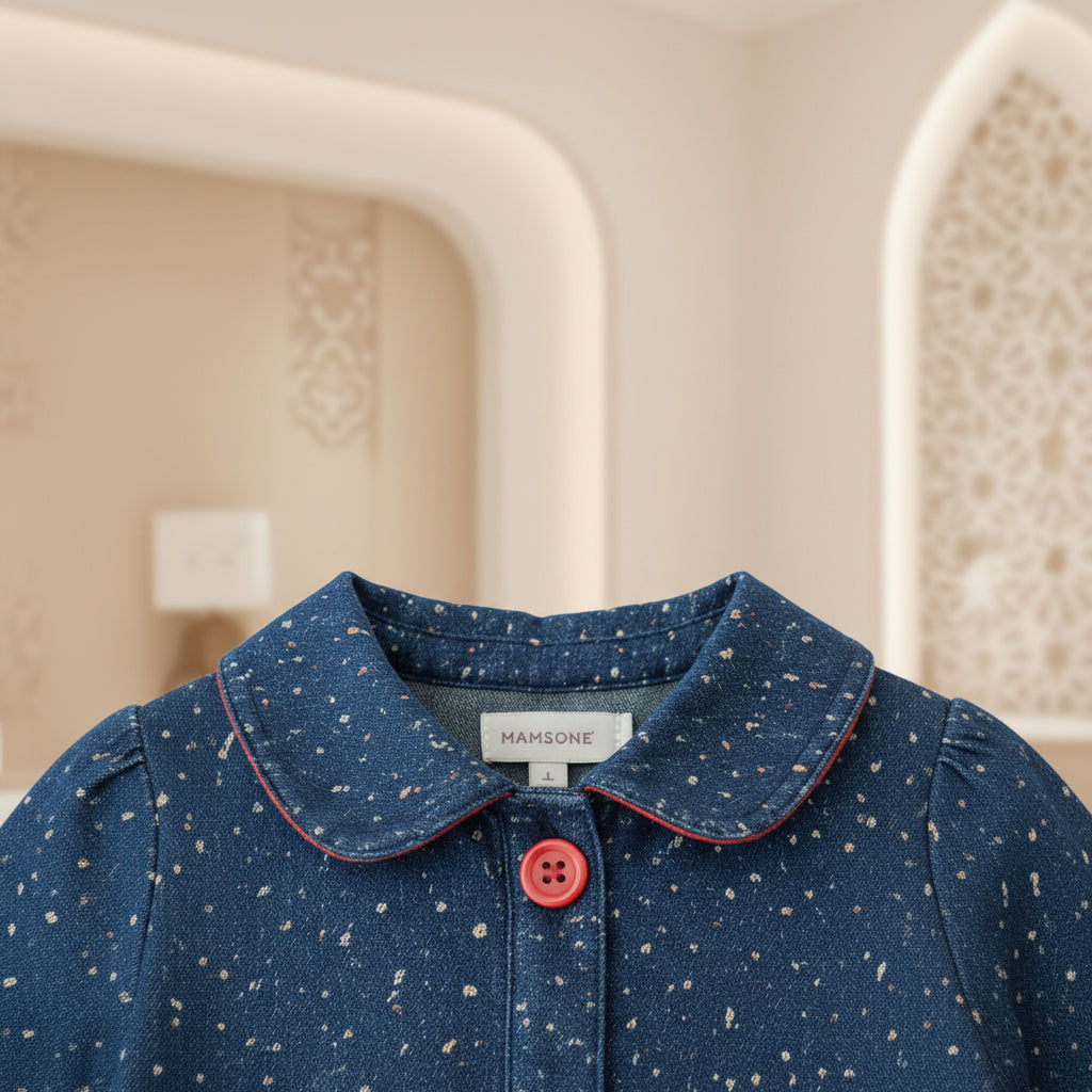 Girls Navy Blue Speckle Print Denim Dress | Peter Pan Collar Red Trim & Buttons Flutter Sleeves | Ages 6-24 Months | MH