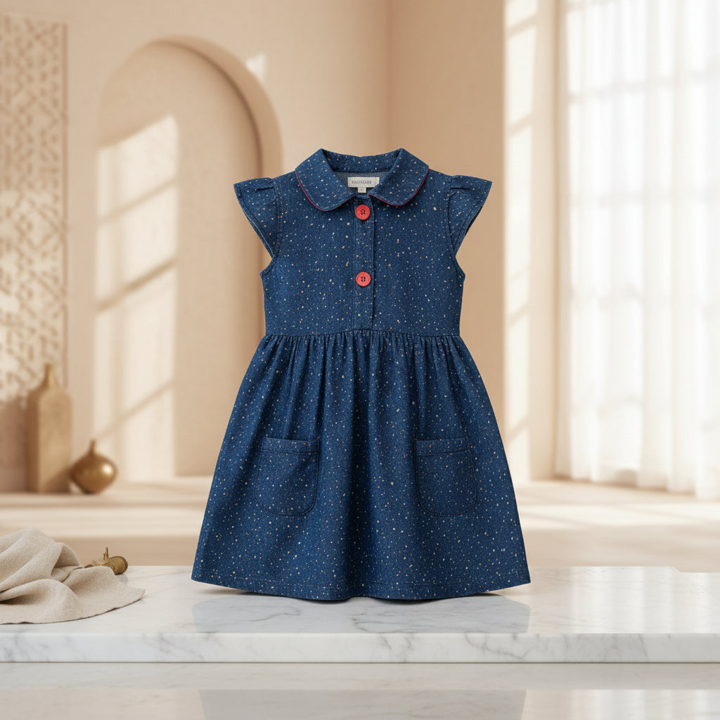 Girls Navy Blue Speckle Print Denim Dress | Peter Pan Collar Red Trim & Buttons Flutter Sleeves | Ages 6-24 Months | MH