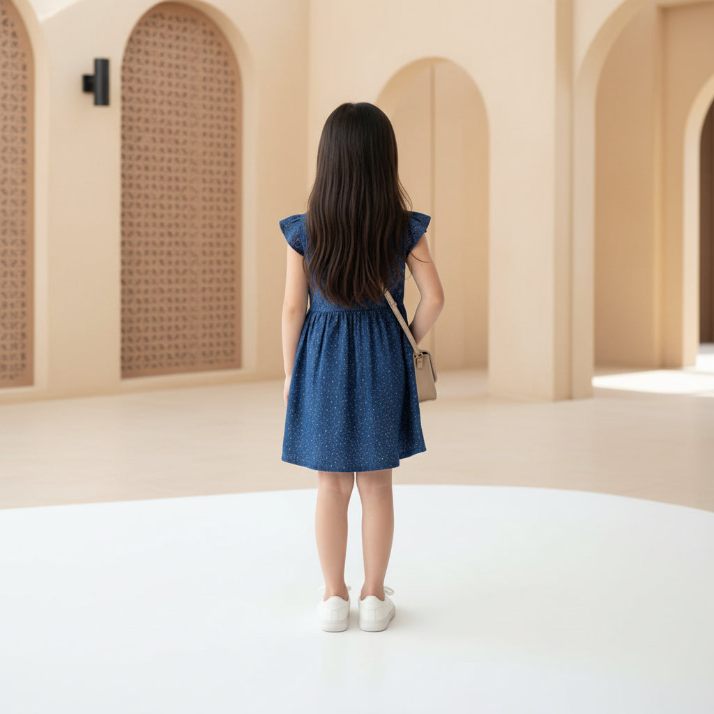 Girls Navy Blue Speckle Print Denim Dress | Peter Pan Collar Red Trim & Buttons Flutter Sleeves | Ages 6-24 Months | MH