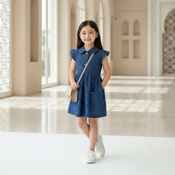 Girls Navy Blue Speckle Print Denim Dress | Peter Pan Collar Red Trim & Buttons Flutter Sleeves | Ages 6-24 Months | MH