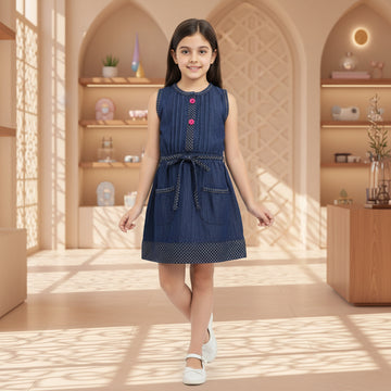 Girls Indigo Blue Printed Cotton Dress (2–12 Years) | Soft Casual Party Wear | MH