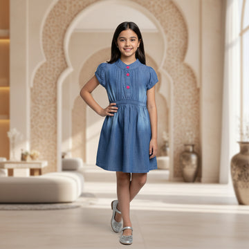 Girls Mid Blue Denim Puff Sleeve Dress | Mandarin Collar Pink Buttons Elasticated Waist | Smart Casual | Ages 2–12 Years | MH