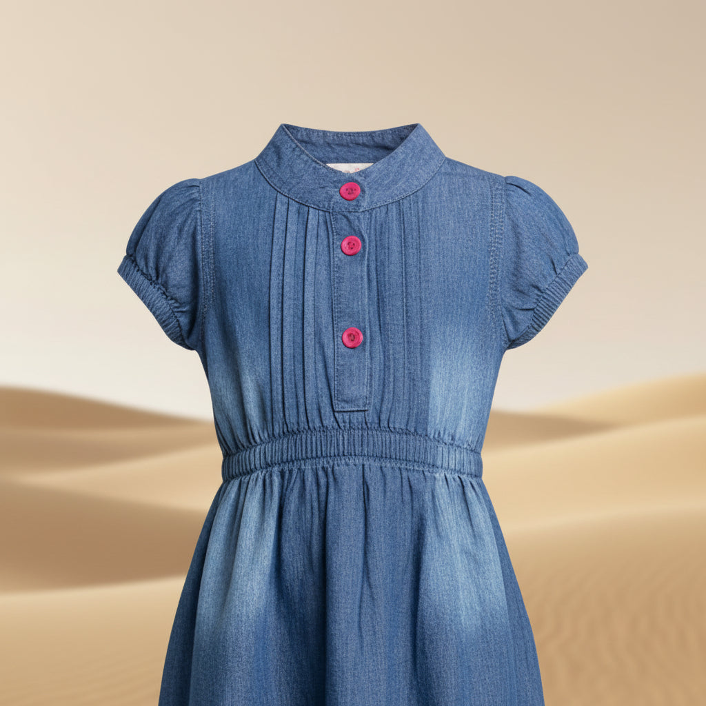 Girls Mid Blue Denim Puff Sleeve Dress | Mandarin Collar Pink Buttons Elasticated Waist | Smart Casual | Ages 2–12 Years | MH