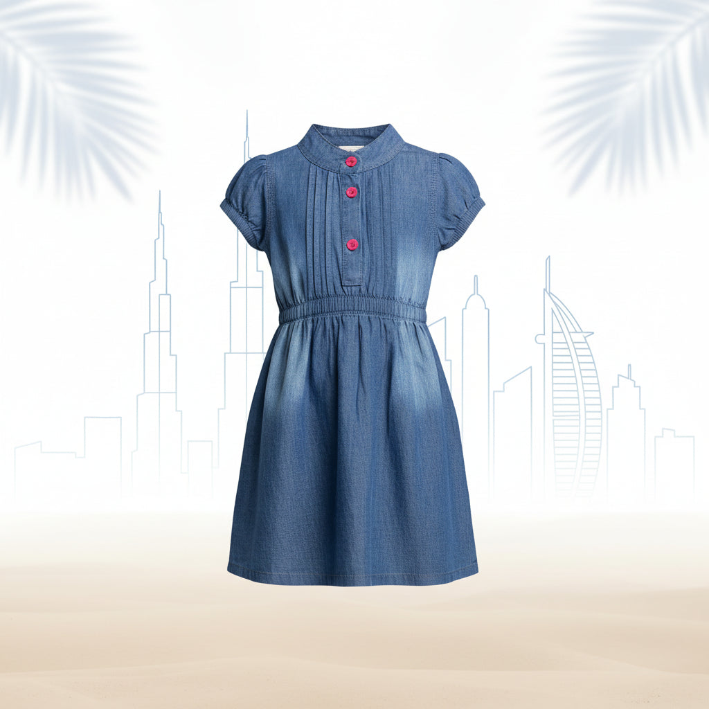 Girls Mid Blue Denim Puff Sleeve Dress | Mandarin Collar Pink Buttons Elasticated Waist | Smart Casual | Ages 2–12 Years | MH