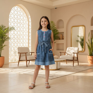 Girls Blue Denim Paisley Print Sleeveless Dress | Pink Buttons Drawstring Waist Front Pockets | Ages 2–12 Years | MH