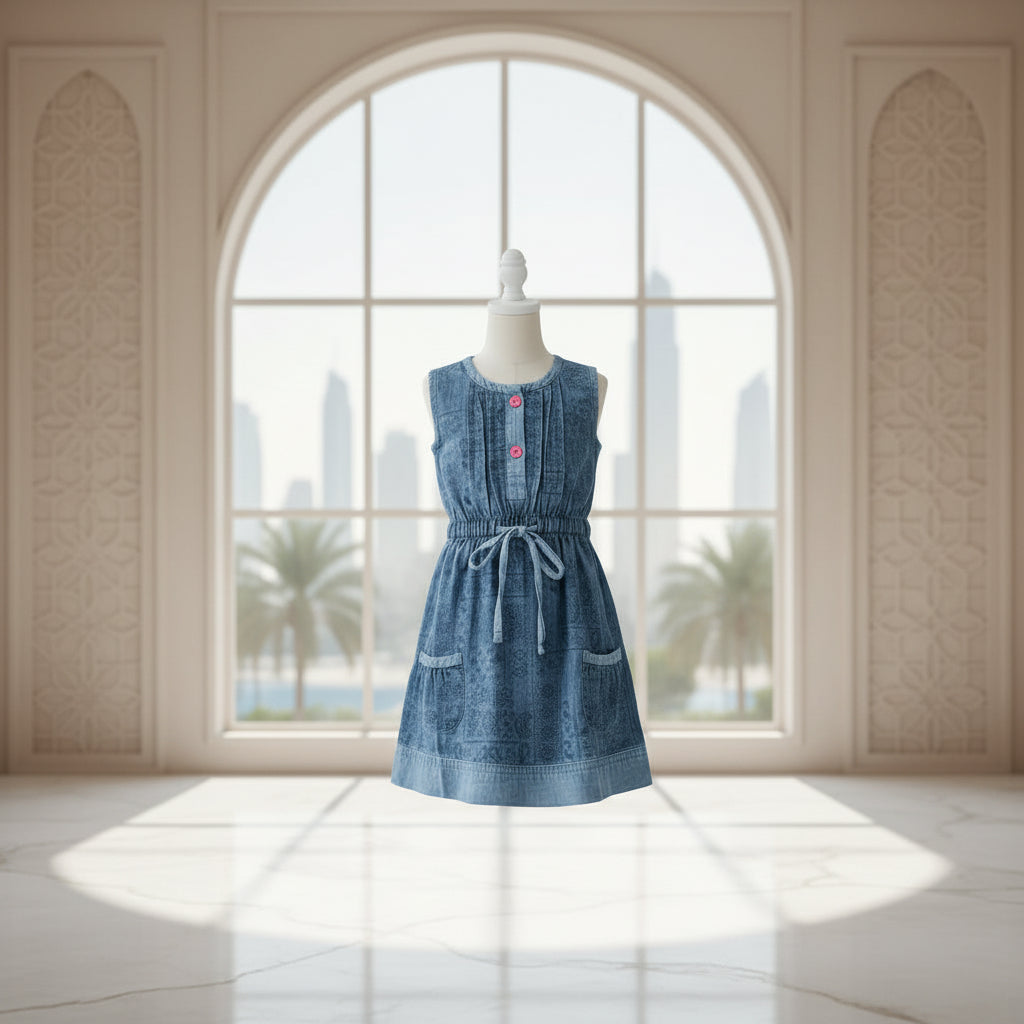 Girls Blue Denim Paisley Print Sleeveless Dress | Pink Buttons Drawstring Waist Front Pockets | Ages 2–12 Years | MH