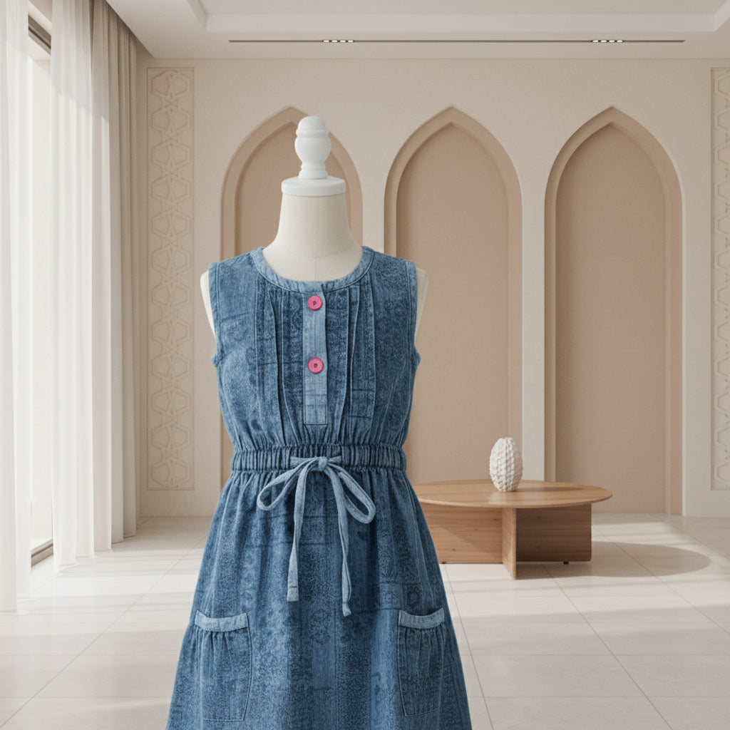 Girls Blue Denim Paisley Print Sleeveless Dress | Pink Buttons Drawstring Waist Front Pockets | Ages 2–12 Years | MH