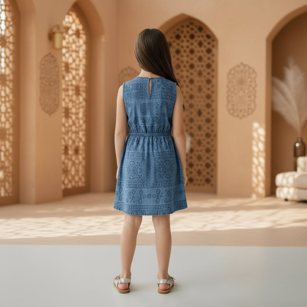 Girls Blue Denim Paisley Print Sleeveless Dress | Pink Buttons Drawstring Waist Front Pockets | Ages 2–12 Years | MH