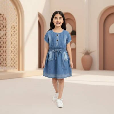 Girls Light Blue Denim Short Sleeve Dress | Brown Buttons Drawstring Waist Front Pockets | Casual Smart | Ages 2–12 Years | MH