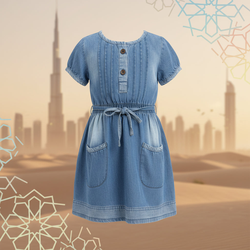 Girls Light Blue Denim Short Sleeve Dress | Brown Buttons Drawstring Waist Front Pockets | Casual Smart | Ages 2–12 Years | MH
