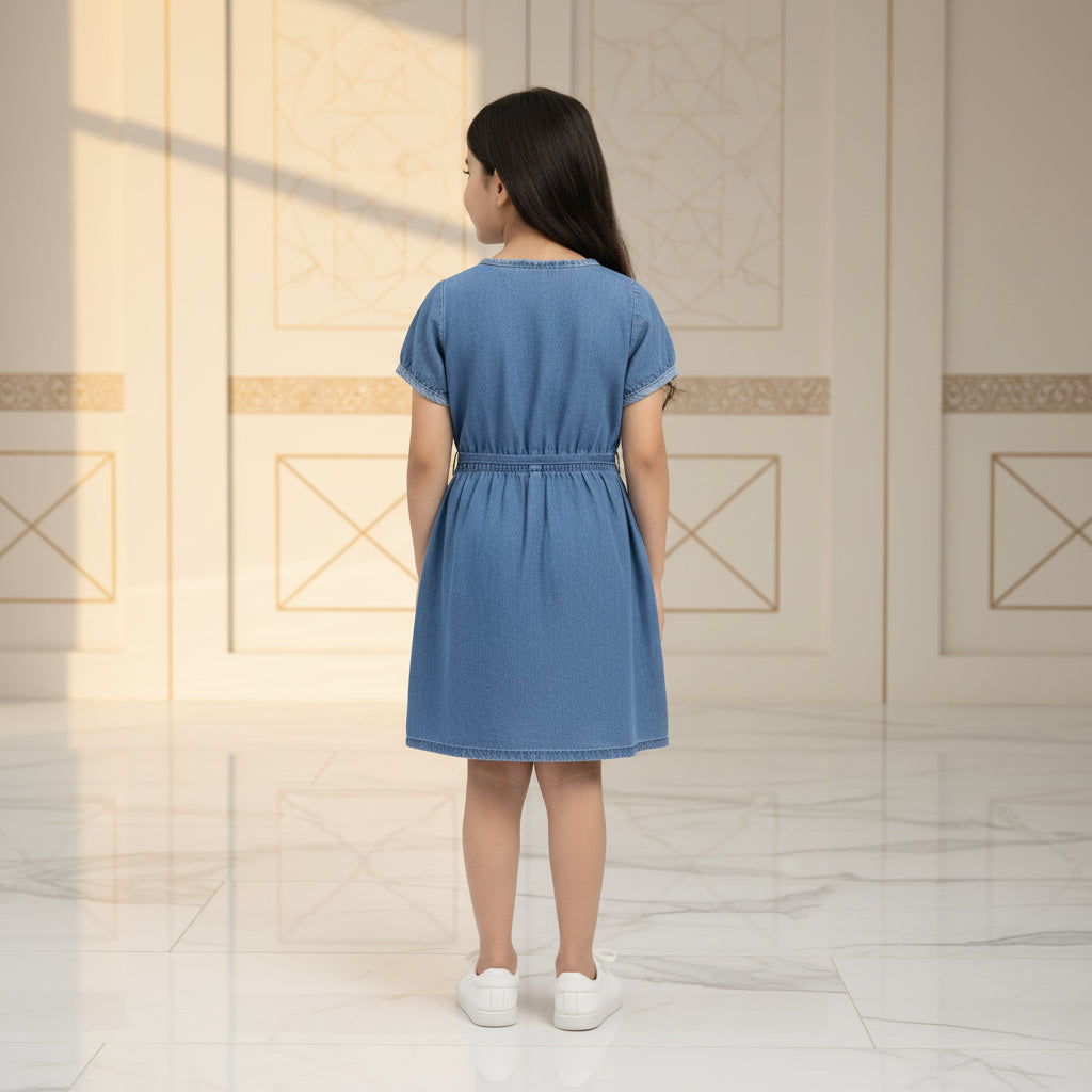 Girls Light Blue Denim Short Sleeve Dress | Brown Buttons Drawstring Waist Front Pockets | Casual Smart | Ages 2–12 Years | MH