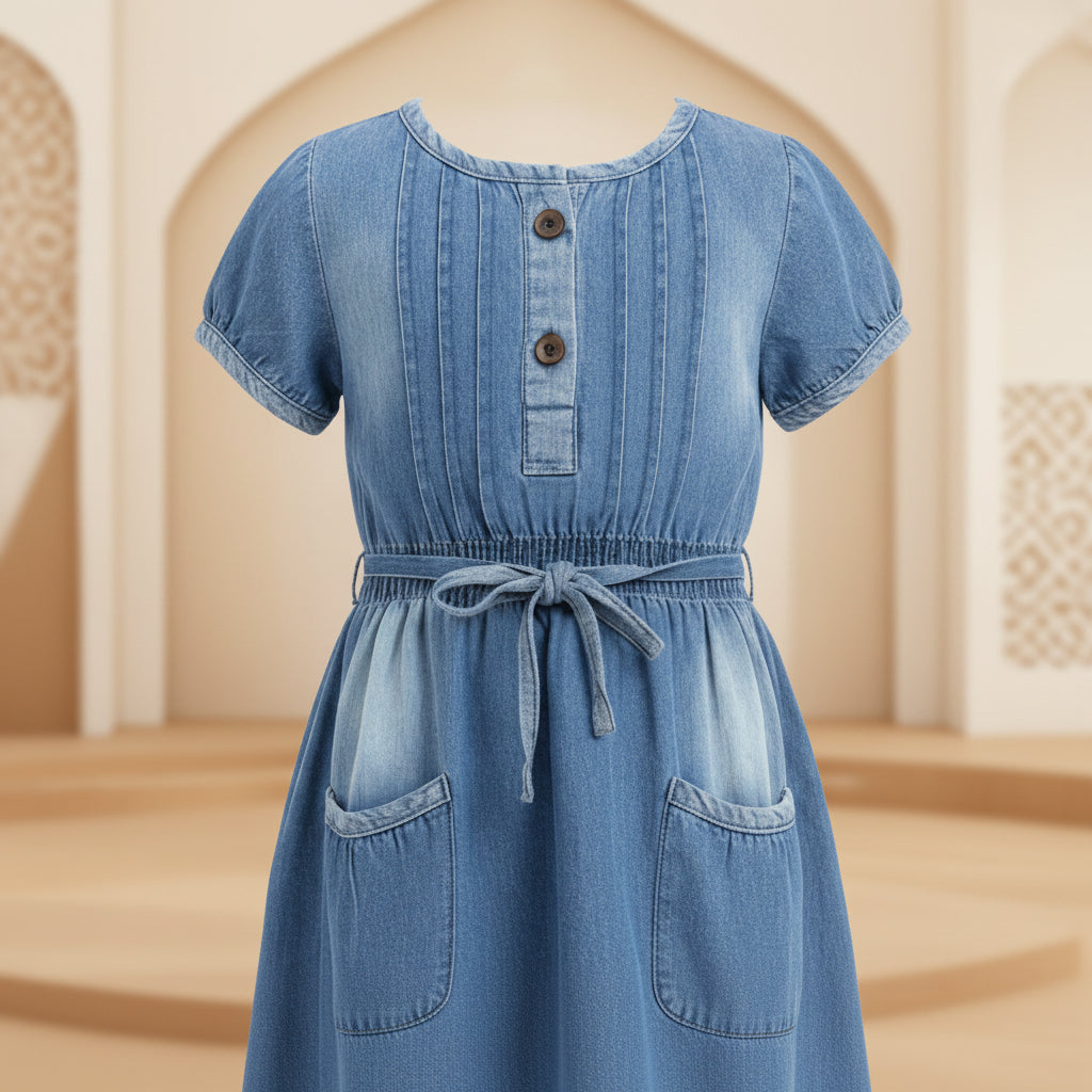 Girls Light Blue Denim Short Sleeve Dress | Brown Buttons Drawstring Waist Front Pockets | Casual Smart | Ages 2–12 Years | MH