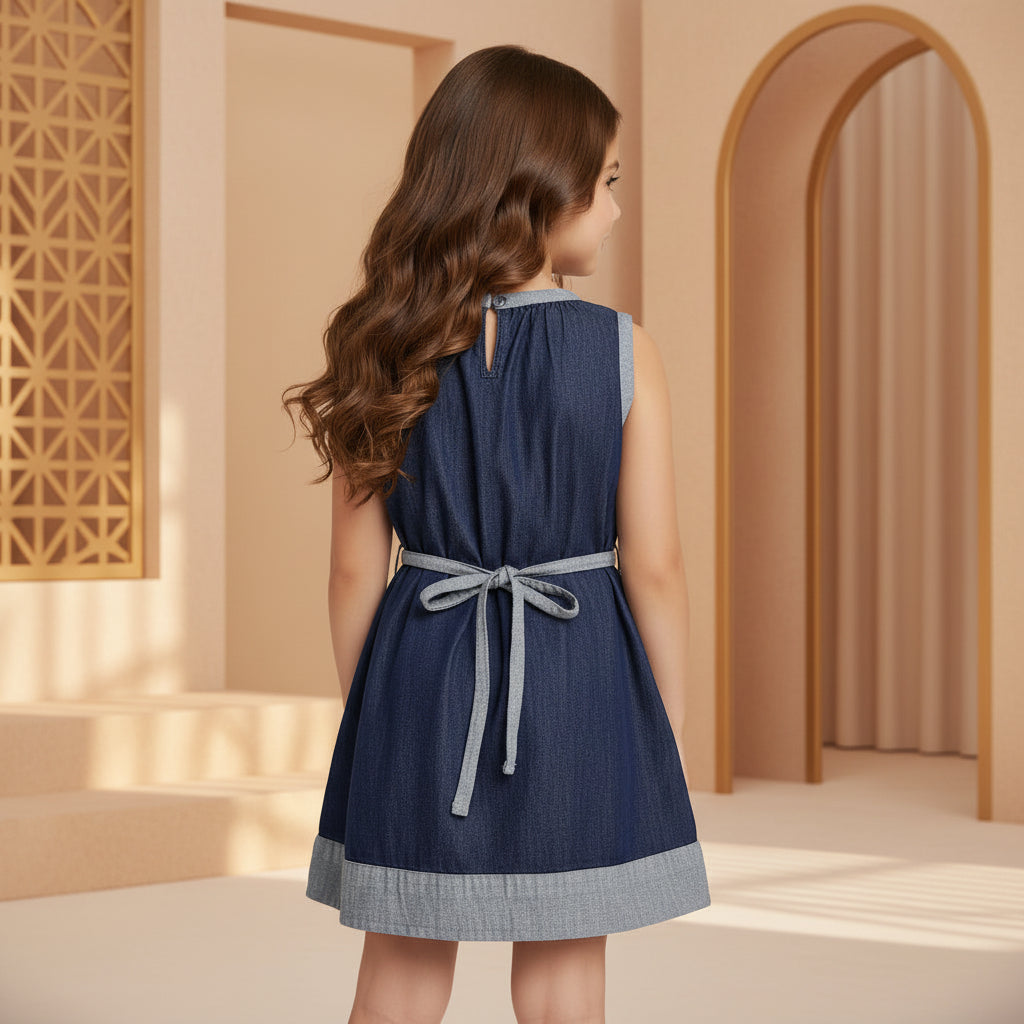 Girls Navy Blue Denim Pinafore Dress | Grey Contrast Tie Waist Pink Buttons | Smart Casual | Ages 2–12 Years | MH