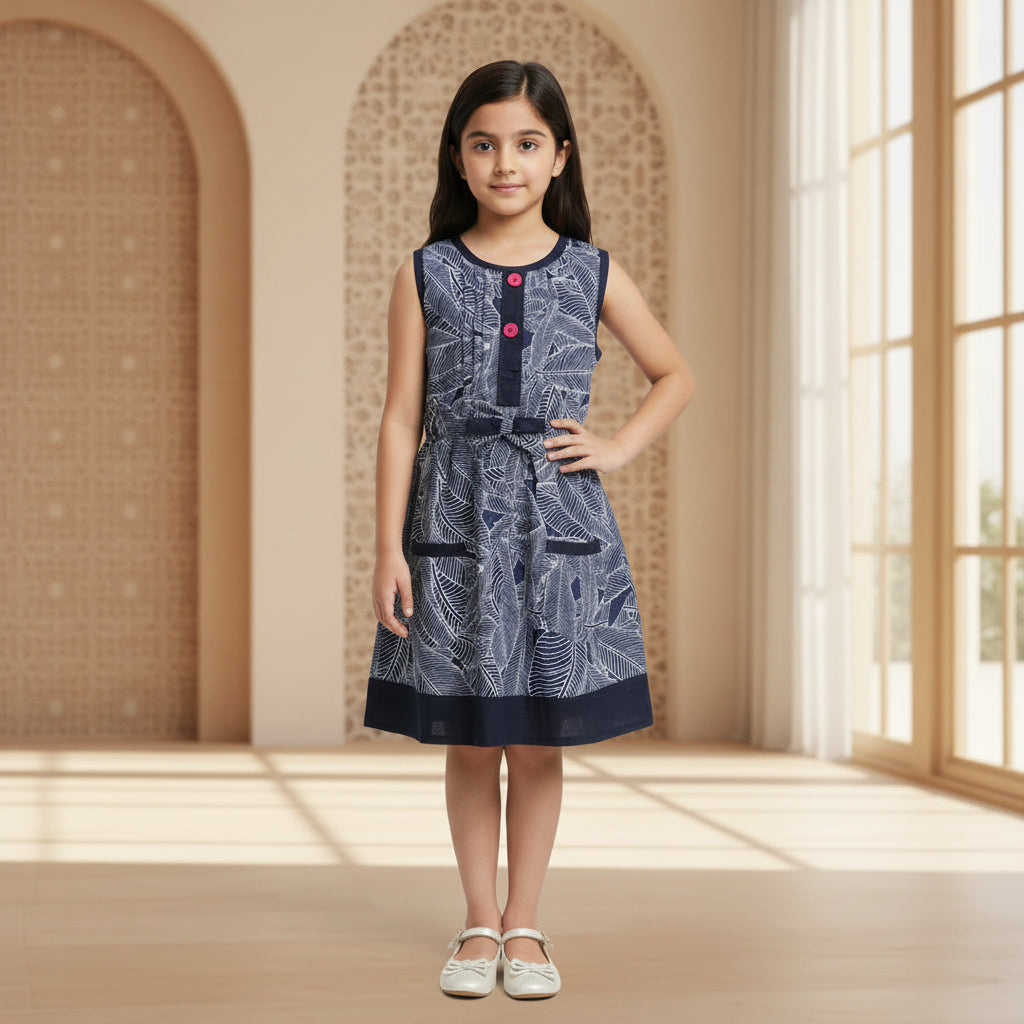 Girls Navy Blue White Leaf Print Sleeveless Dress | Pink Buttons Bow Waist Navy Hem | Smart Occasion | Ages 2–12 Years | MH