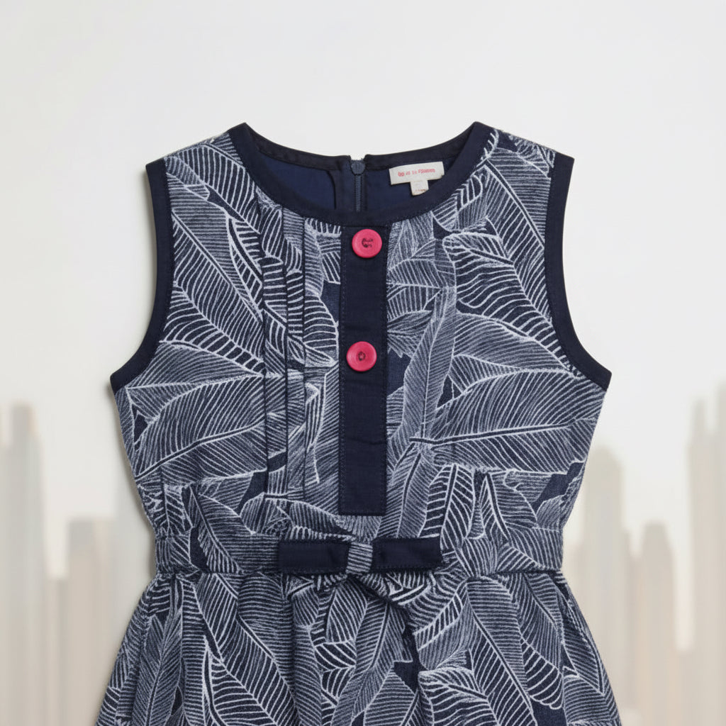 Girls Navy Blue White Leaf Print Sleeveless Dress | Pink Buttons Bow Waist Navy Hem | Smart Occasion | Ages 2–12 Years | MH