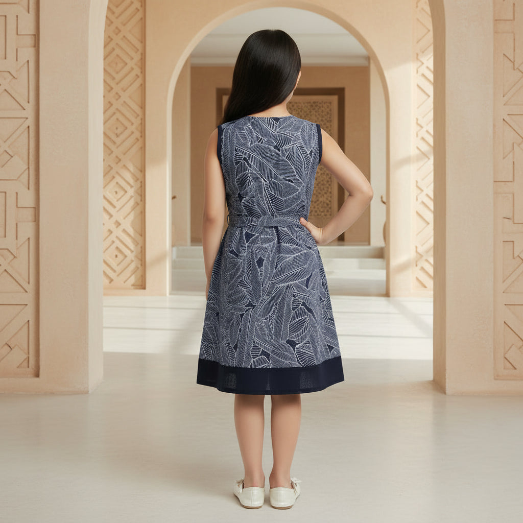 Girls Navy Blue White Leaf Print Sleeveless Dress | Pink Buttons Bow Waist Navy Hem | Smart Occasion | Ages 2–12 Years | MH