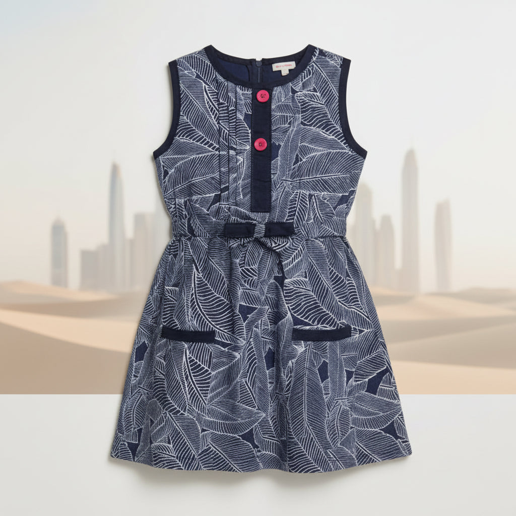 Girls Navy Blue White Leaf Print Sleeveless Dress | Pink Buttons Bow Waist Navy Hem | Smart Occasion | Ages 2–12 Years | MH