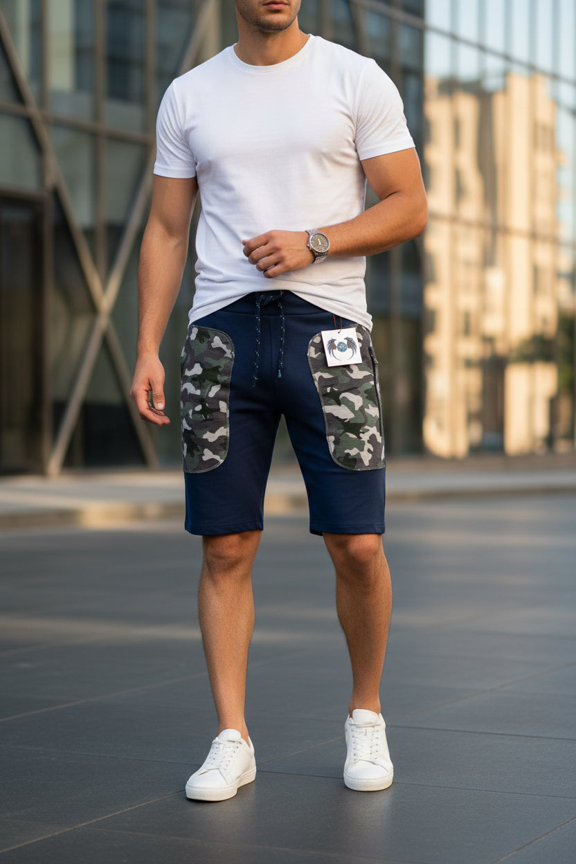Men’s Trendy Knee Patch Cargo Blue/Navy Castors Flex Lifestyle Shorts | Sizes S-XL | MH