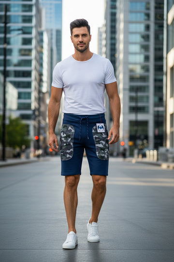 Men’s Trendy Knee Patch Cargo Blue/Navy Castors Flex Lifestyle Shorts | Sizes S-XL | MH