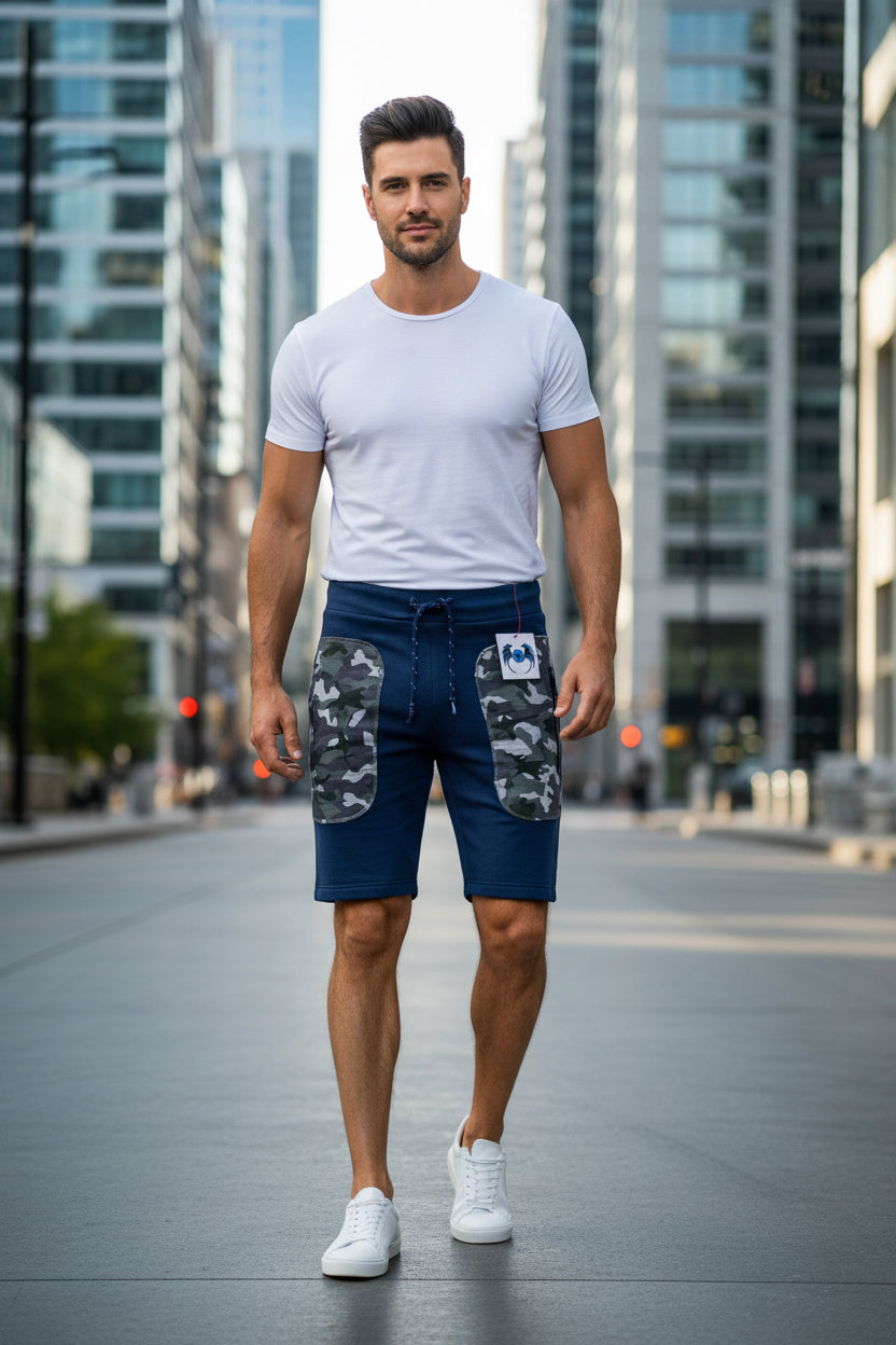 Men’s Trendy Knee Patch Cargo Blue/Navy Castors Flex Lifestyle Shorts | Sizes S-XL | MH