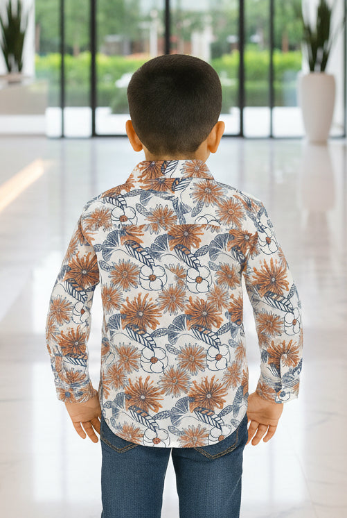 Boys Cream Rust Orange & Grey Tropical Floral Print Long Sleeve Shirt | Chest Pocket Smart Casual | Ages 3–14 Years | MH