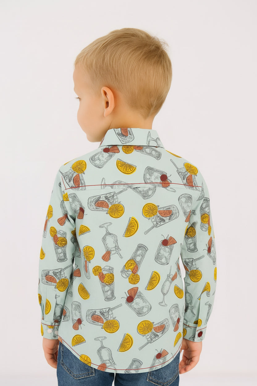 Boys Tropical Refreshment Print Cotton Shirt | Mint Green Fruit Drink Print | Long Sleeve | Ages 3–14 Years | MH