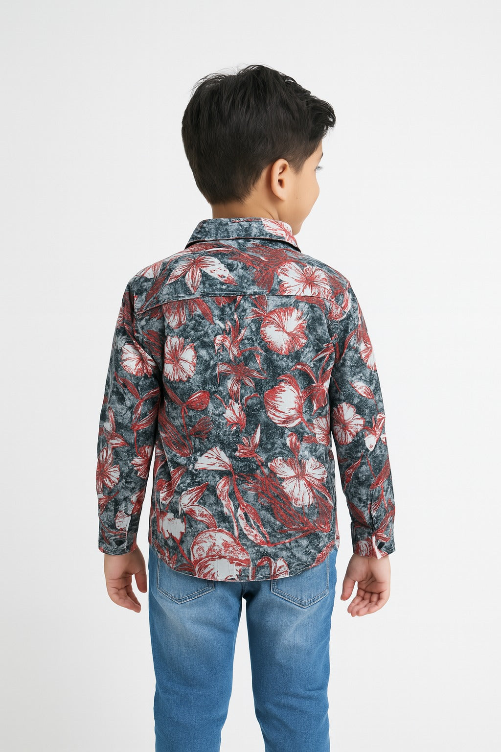 Boys' Charcoal Gray Floral Print Cotton Shirt / MH