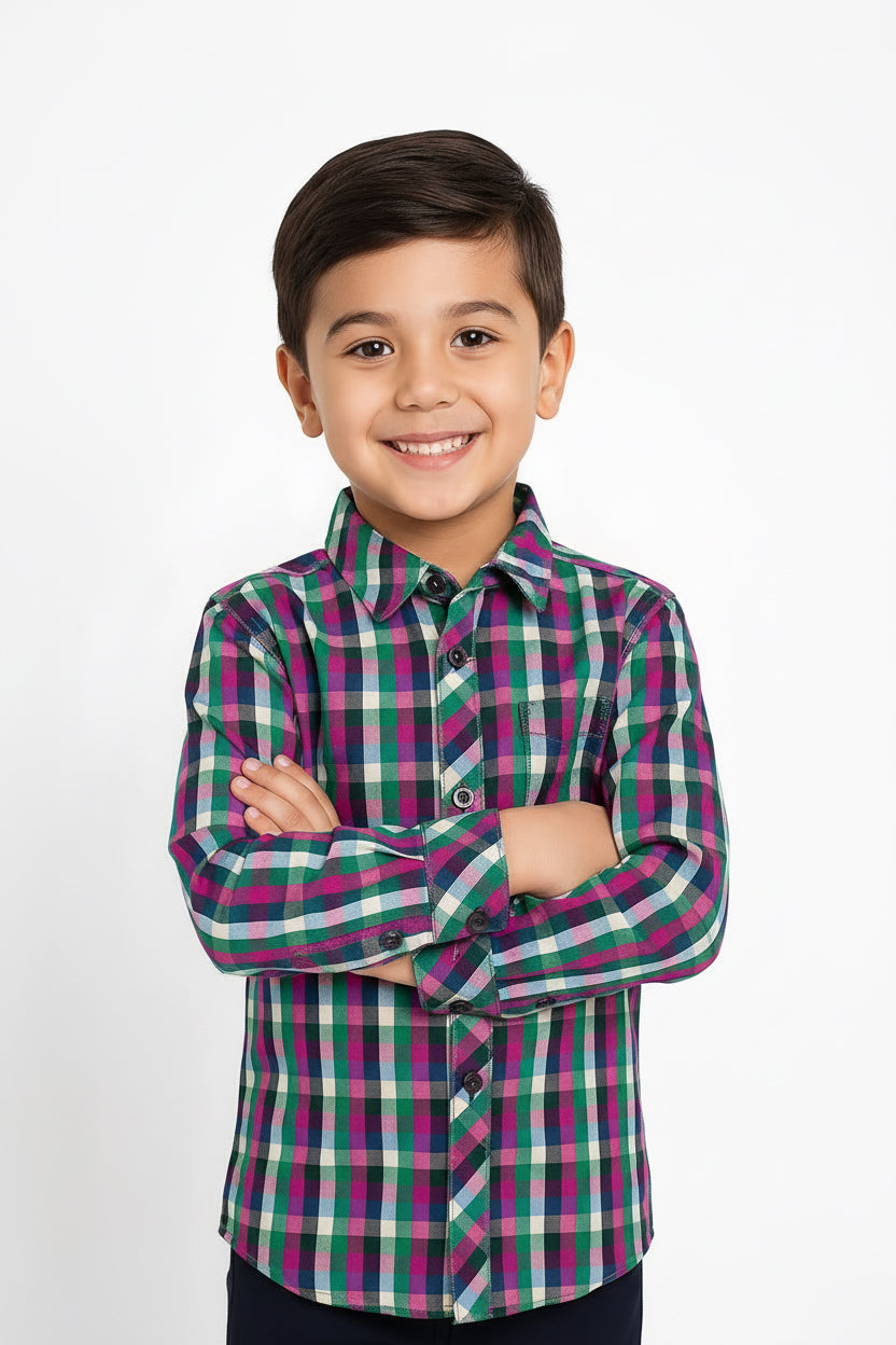 Boys' Blue Colorblock Plaid Flannel Shirt – Long Sleeve Cotton Button-Down (Ages 2-12) MH