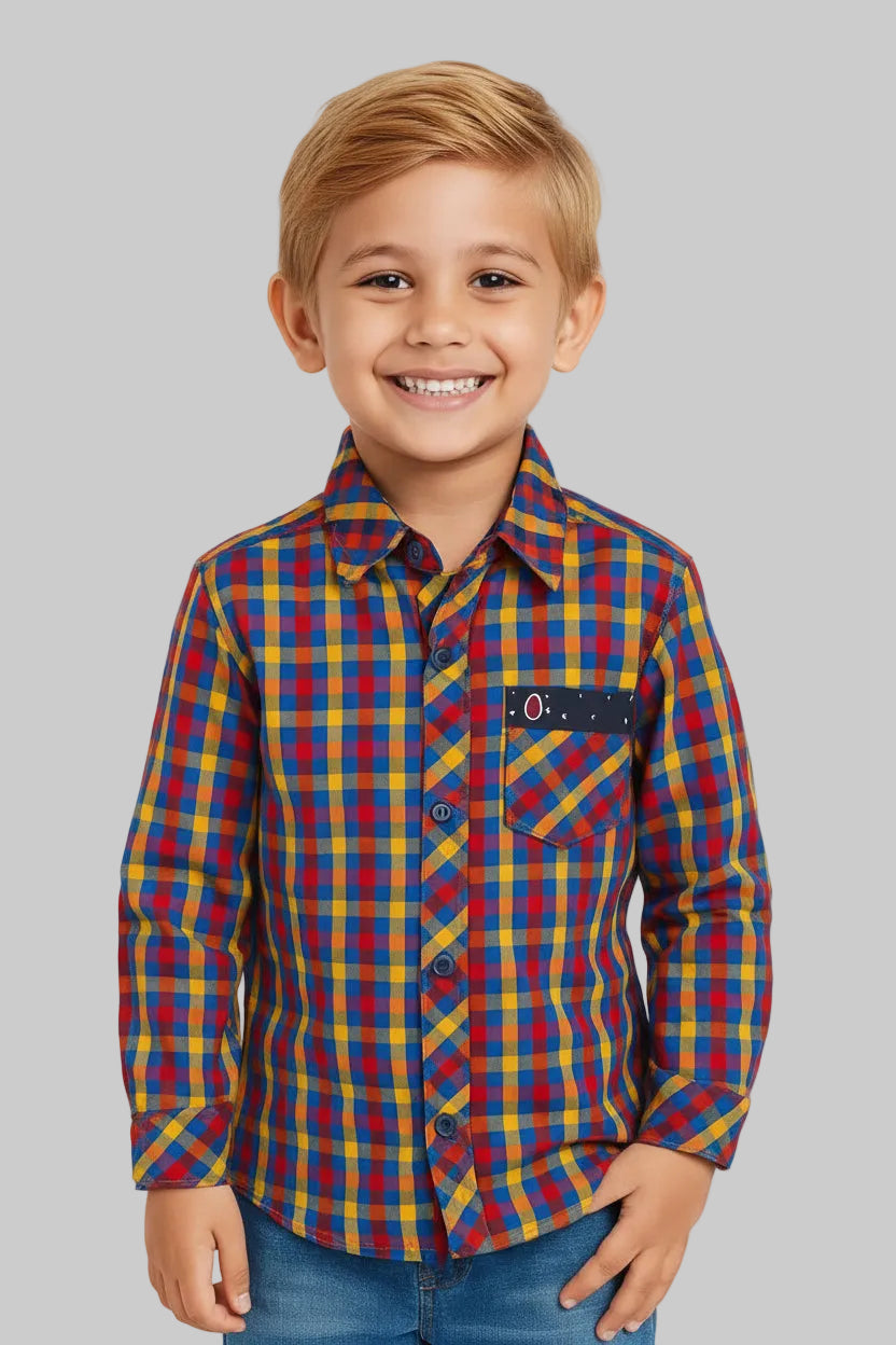 Boys' Blue Colorblock Plaid Flannel Shirt – Long Sleeve Cotton Button-Down (Ages 2-12) MH