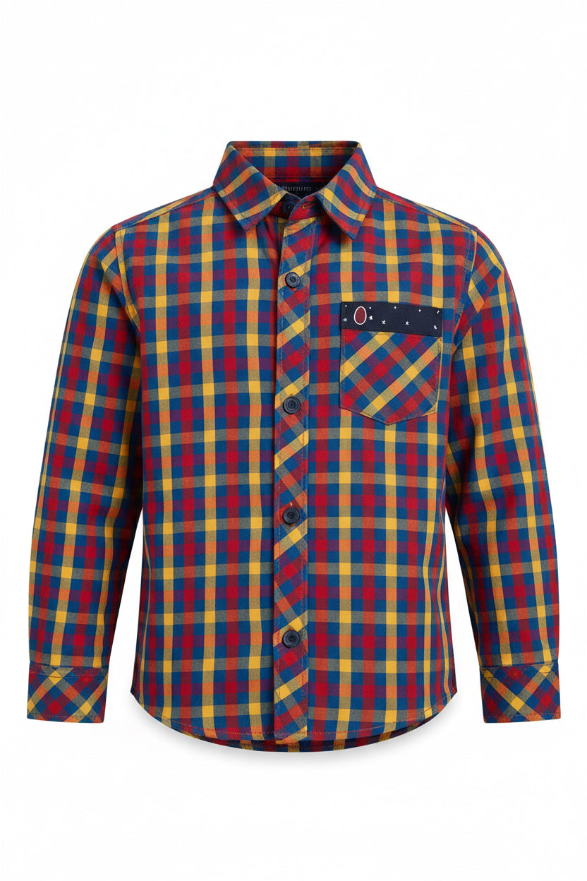 Boys' Blue Colorblock Plaid Flannel Shirt – Long Sleeve Cotton Button-Down (Ages 2-12) MH