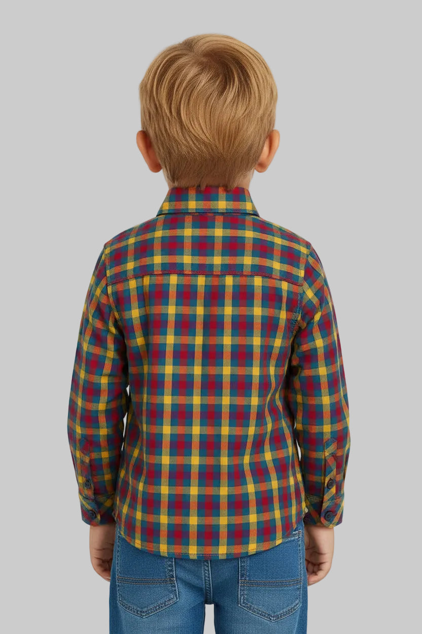Boys' Blue Colorblock Plaid Flannel Shirt – Long Sleeve Cotton Button-Down (Ages 2-12) MH