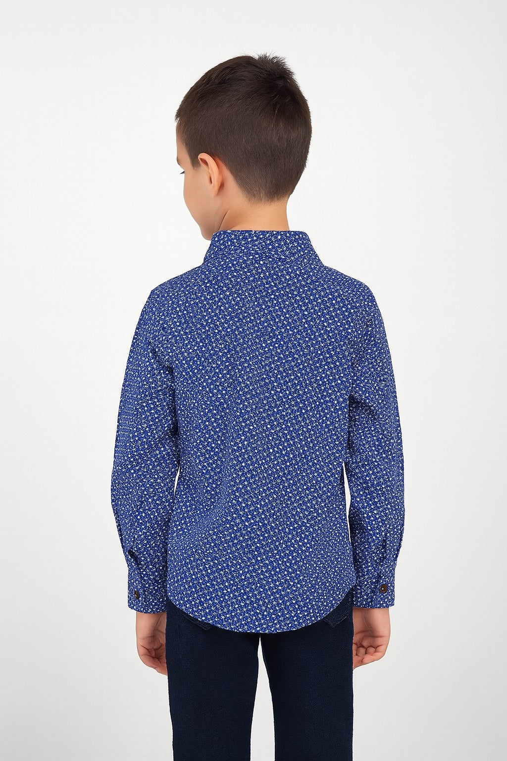 "Boys' Navy Blue Cotton Shirt with Maroon Accents and Micro Floral Print /MH