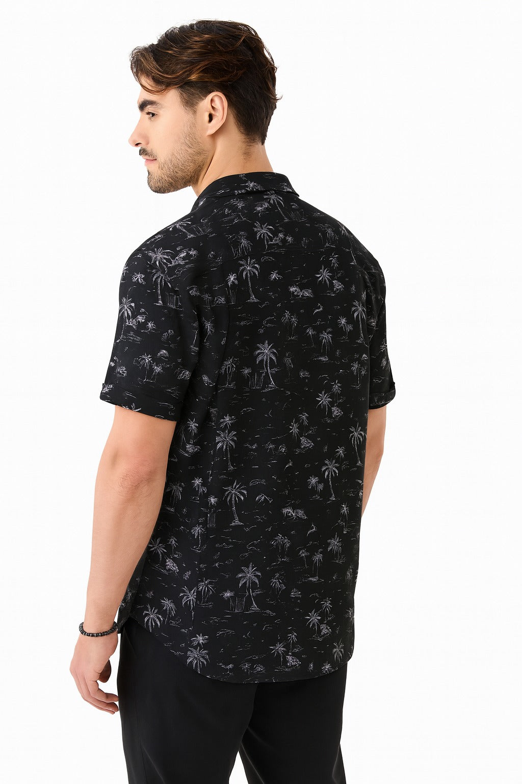 Men's Black Tropical Print Short Sleeve Cotton Shirt / M