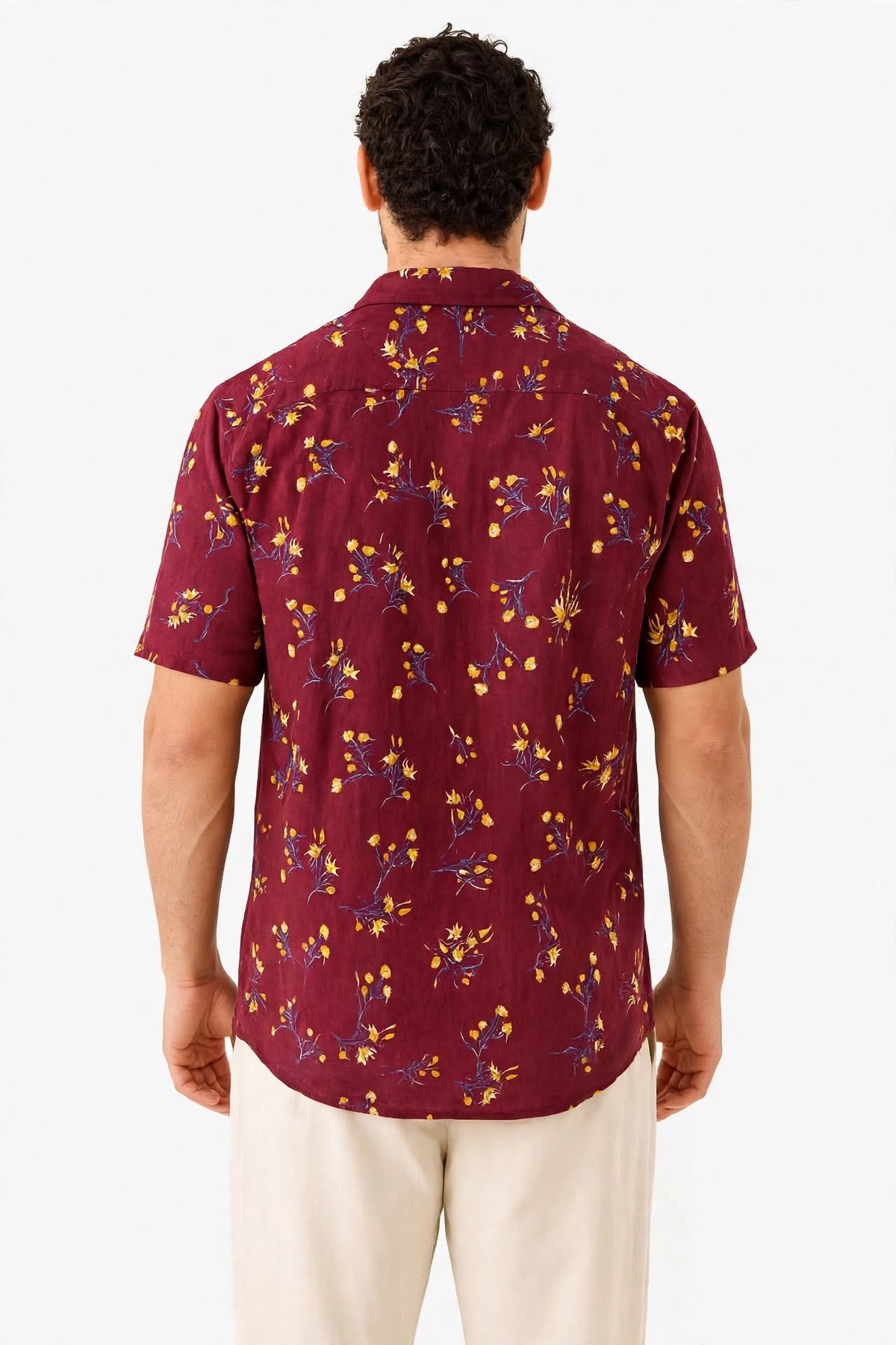 Men’s Burgundy Wine Scattered Floral Print Short Sleeve Shirt | Gold & Blue Ditsy Print Slim Fit | Sizes S–XL | MH