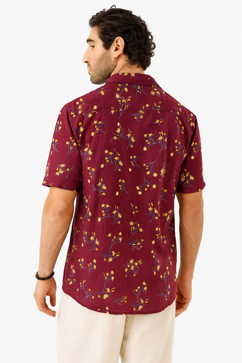 "Men's Maroon Floral Print Cotton Casual Shirt – Short Sleeve, Summer Ready / MH