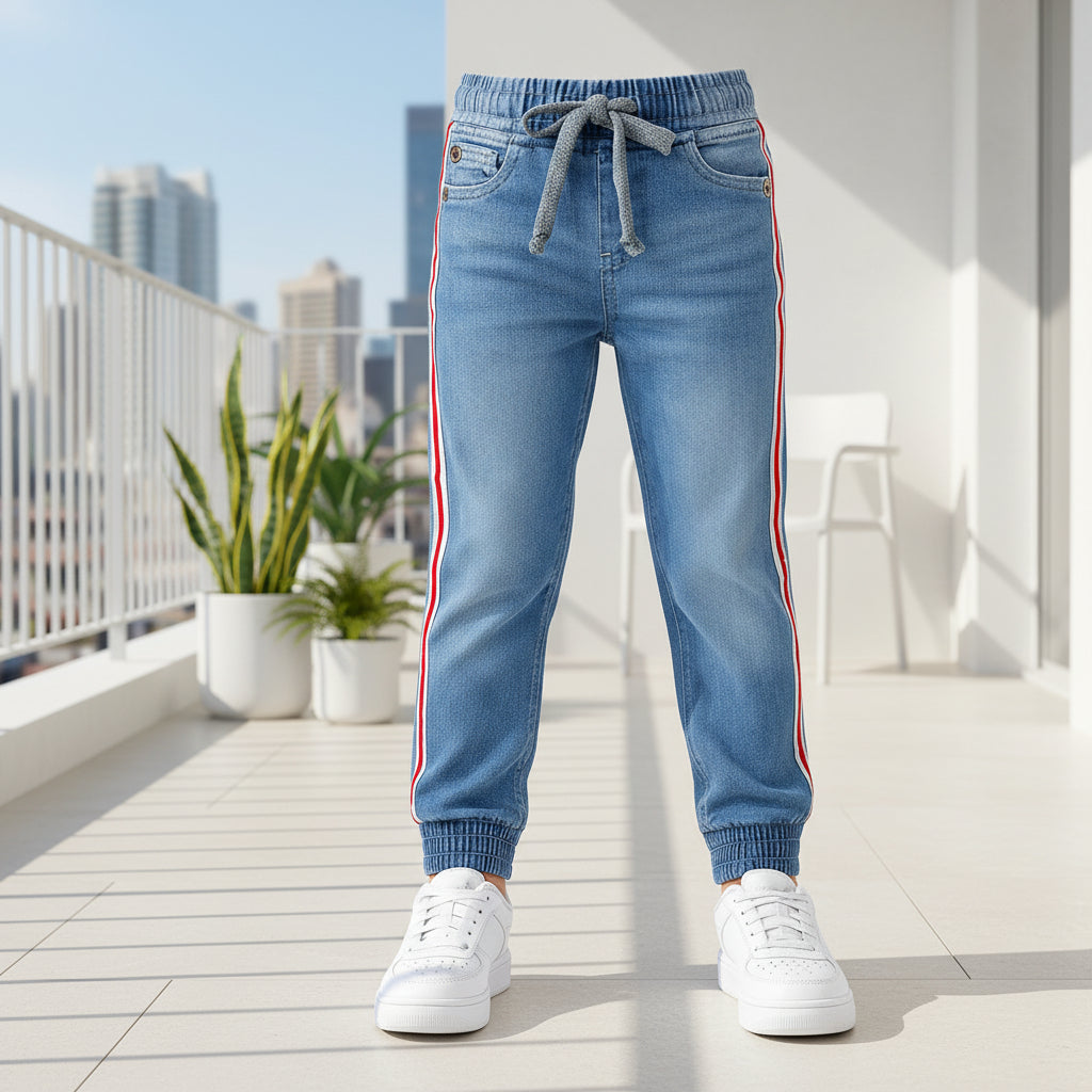 Boys' Denim Side-Stripe Jogger Pants – Soft Cotton Stretch Jeans (1–12 Years) I MH