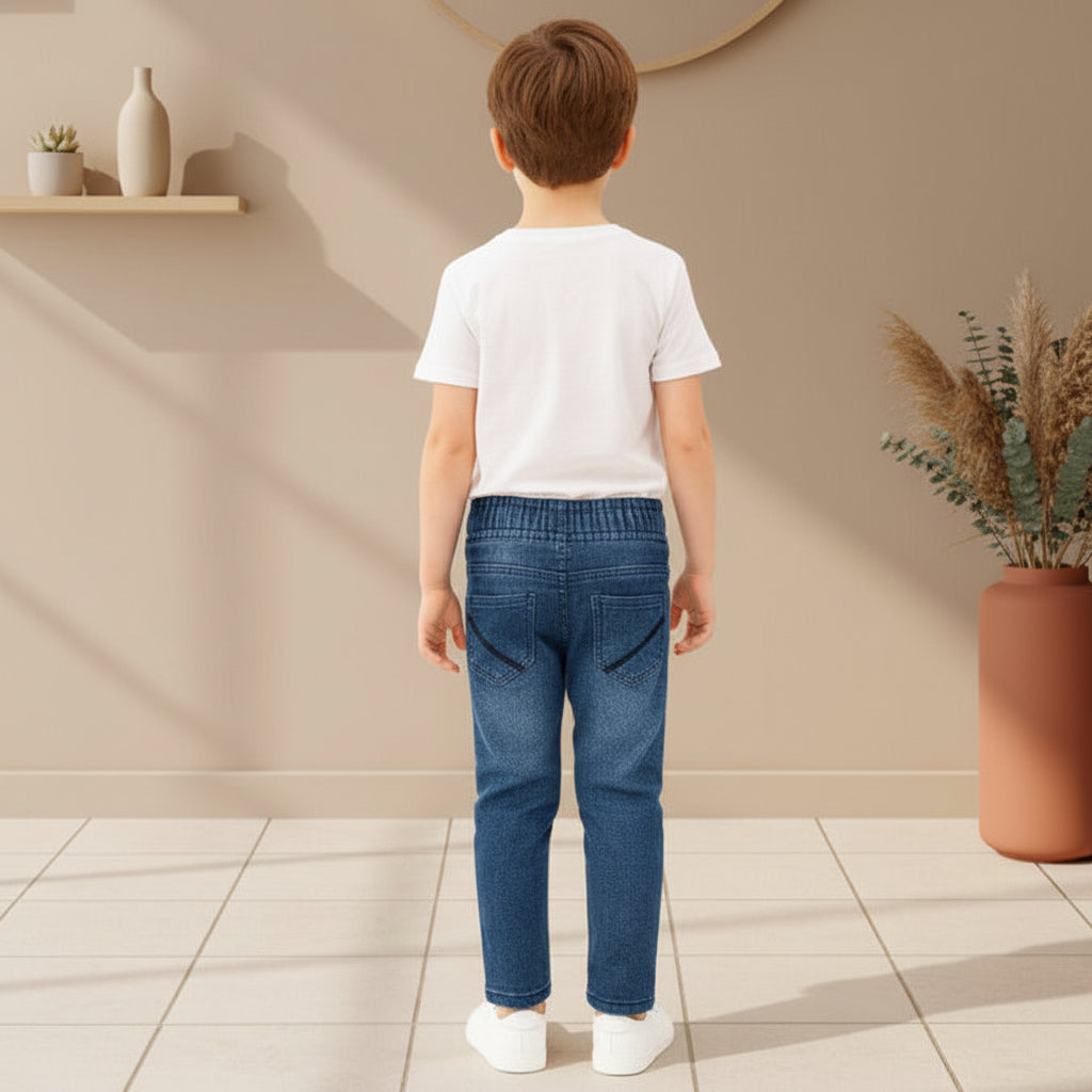 "Boys’ Blue Denim Joggers with Colorful Geometric Patchwork Design, Sizes (1-12Years) | MH