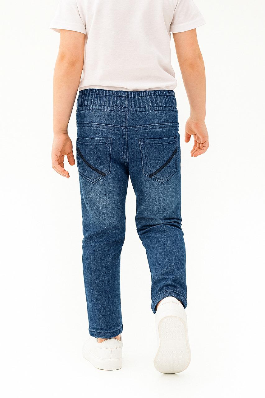 "Boys’ Blue Denim Joggers with Colorful Geometric Patchwork Design/MH