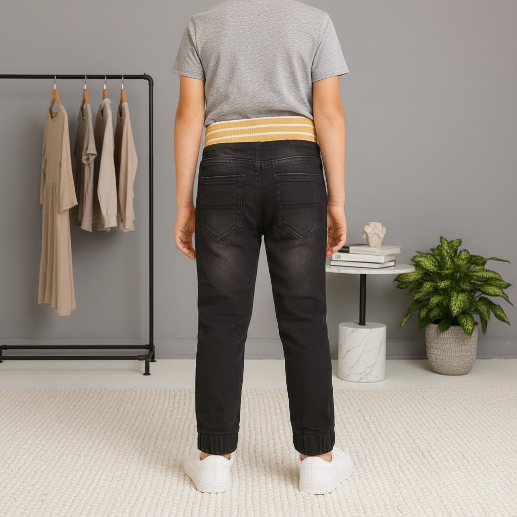 "Boys’ Black Denim Jogger Pants with Yellow-Striped Ribbed Waistband, Sizes(1-12Years) |MH