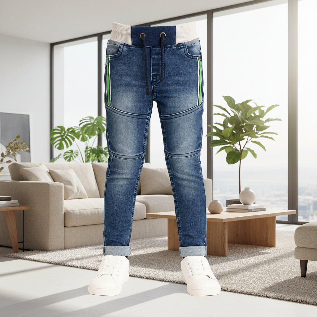 Kid's Denim Joggers with Contrast Waistband and Side Stripe Detail. Sizes (1-12Years) | MH